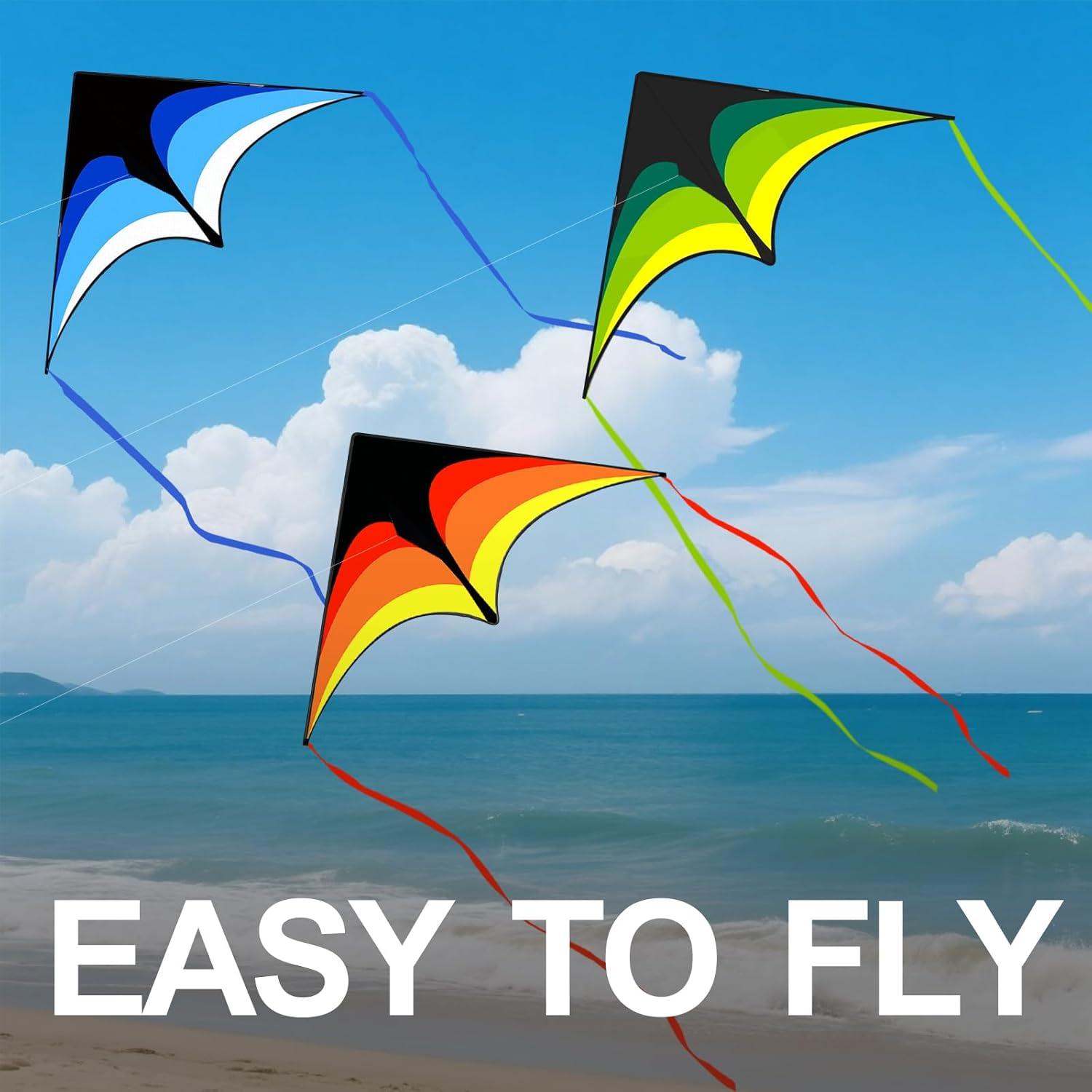 image:image3 Pack Delta Kite Set for Adults and Kids Single Line Beach Kites for Boys amp Girls Three Handle with String IncludedBlue Green Orange