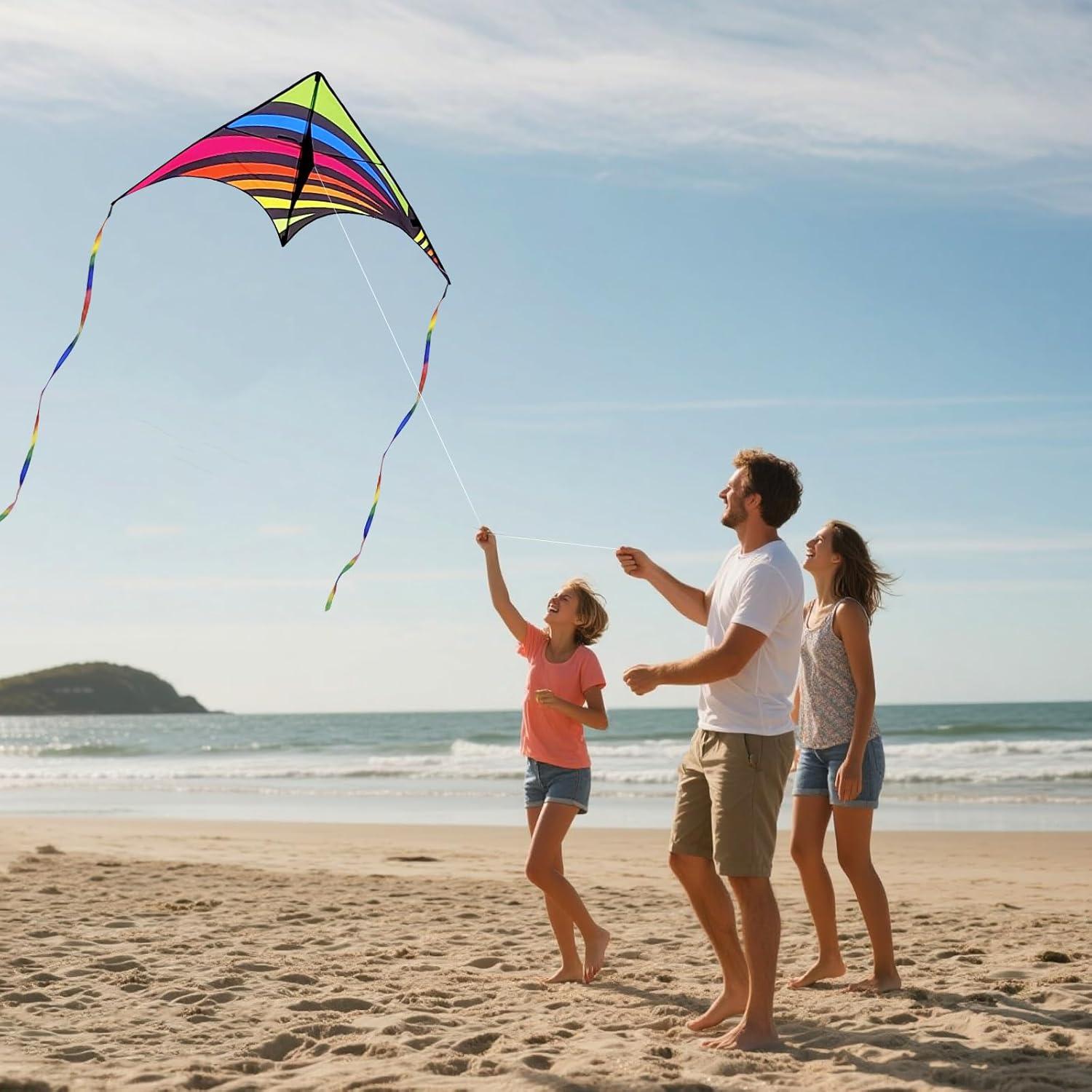 image:image3 Pack Delta Kite Set for Adults and Kids Single Line Beach Kites for Boys amp Girls Three Handle with String IncludedBlue Rainbow Orange