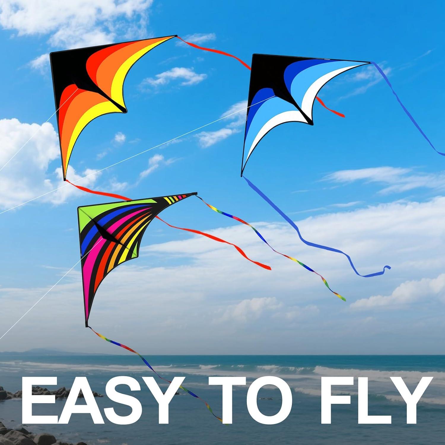 image:image3 Pack Delta Kite Set for Adults and Kids Single Line Beach Kites for Boys amp Girls Three Handle with String IncludedBlue Rainbow Orange