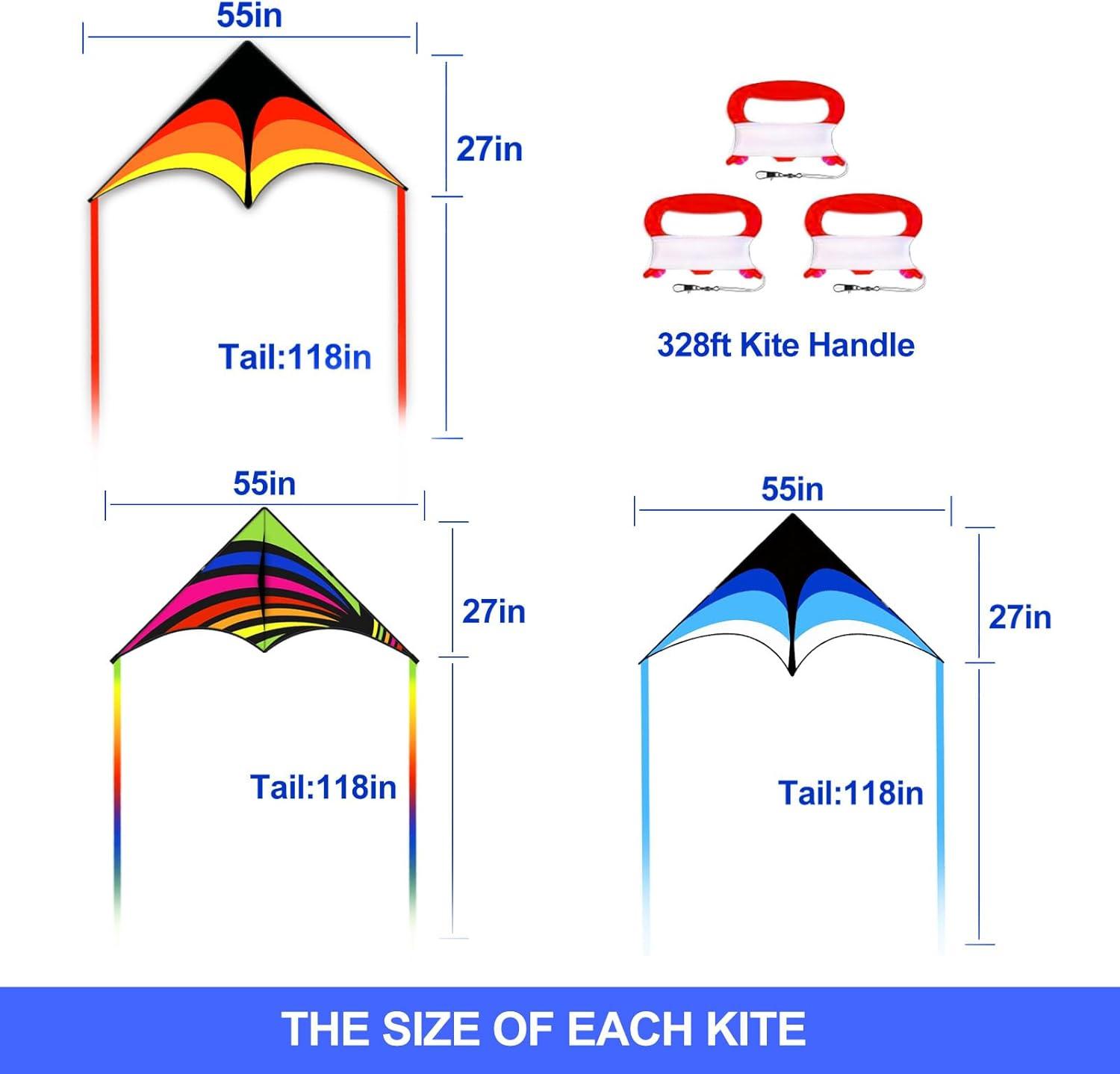 image:image3 Pack Delta Kite Set for Adults and Kids Single Line Beach Kites for Boys amp Girls Three Handle with String IncludedBlue Rainbow Orange