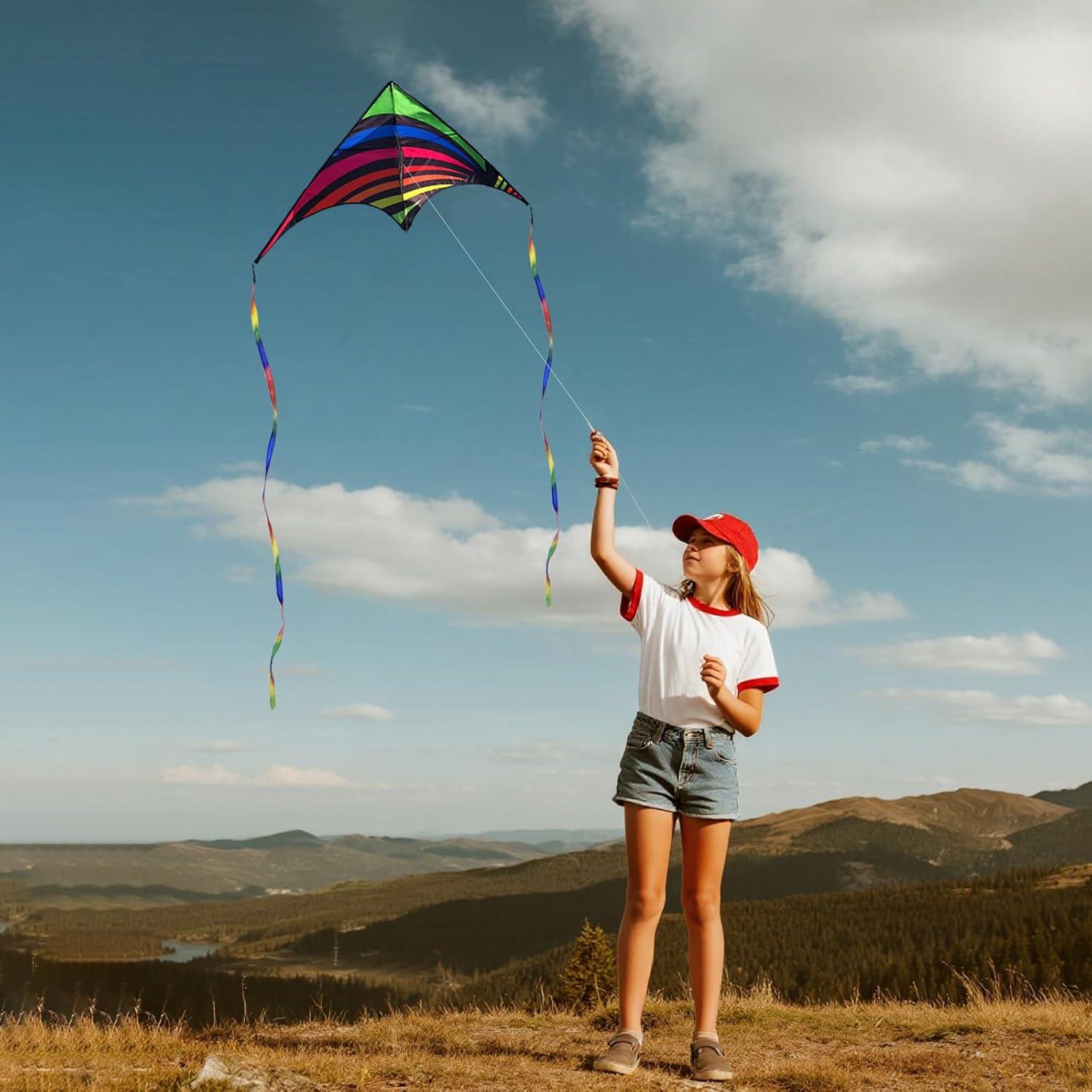 image:image3 Pack Delta Kite Set for Adults and Kids Single Line Beach Kites for Boys amp Girls Three Handle with String IncludedBlue Rainbow
