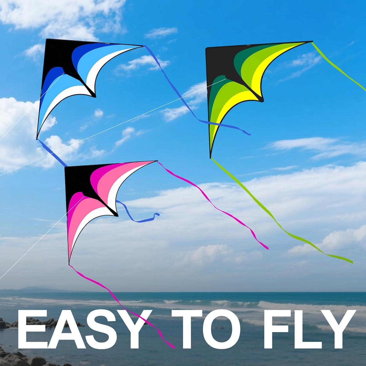image:image3 Pack Delta Kite Set for Adults and Kids Single Line Beach Kites for Boys amp Girls Three Handle with String IncludedGreen Blue Pink