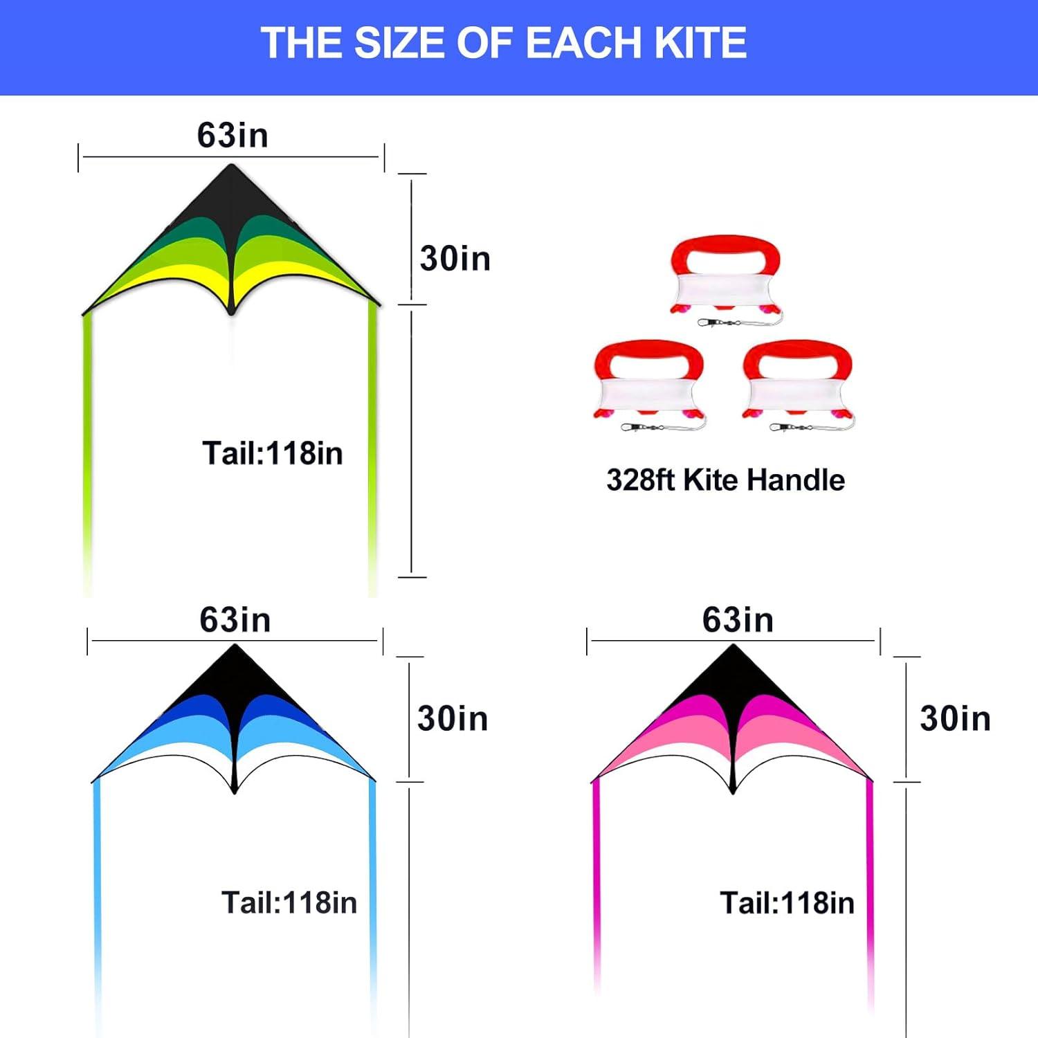 image:image3 Pack Delta Kite Set for Adults and Kids Single Line Beach Kites for Boys amp Girls Three Handle with String IncludedGreen Blue Pink