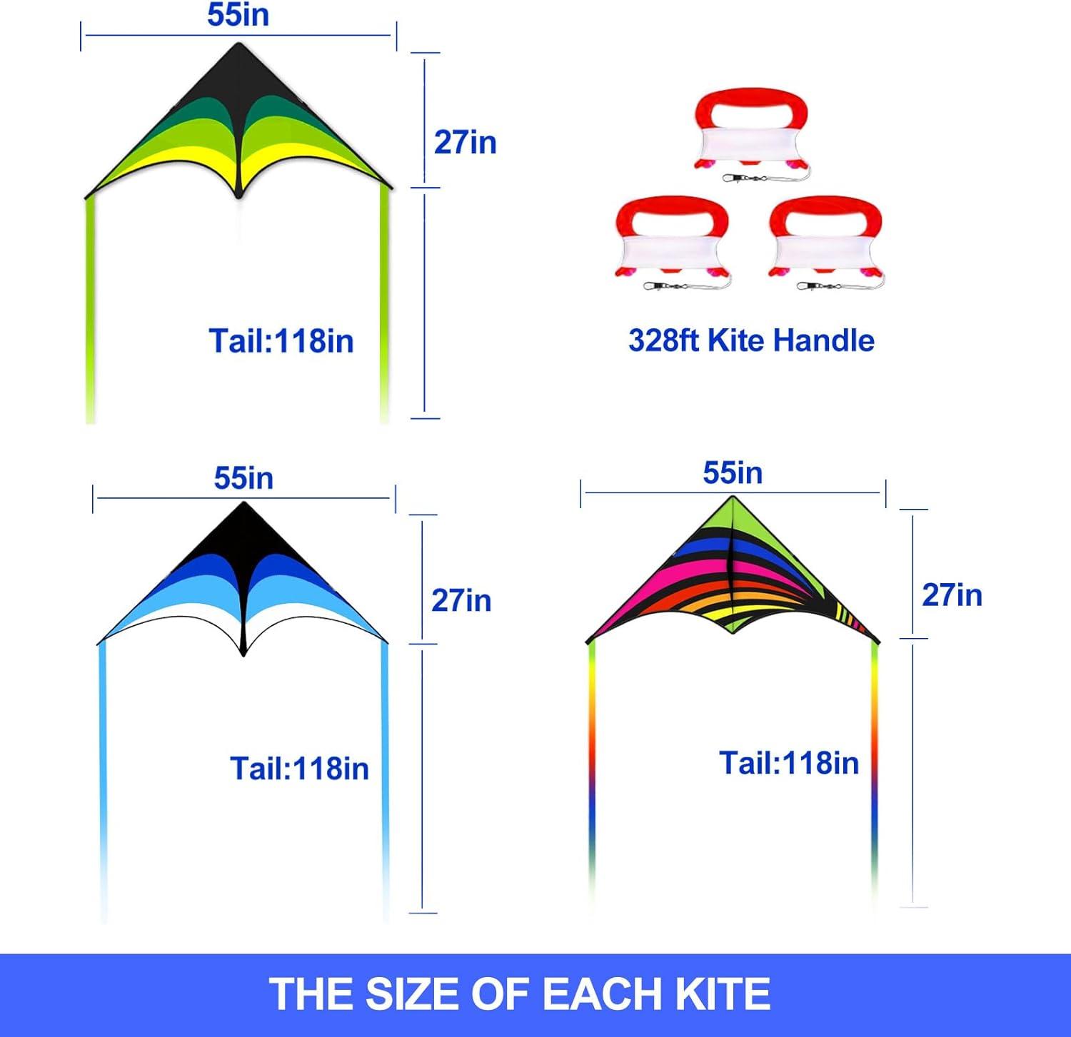 image:image3 Pack Delta Kite Set for Adults and Kids Single Line Beach Kites for Boys amp Girls Three Handle with String IncludedGreen Blue Rainbow