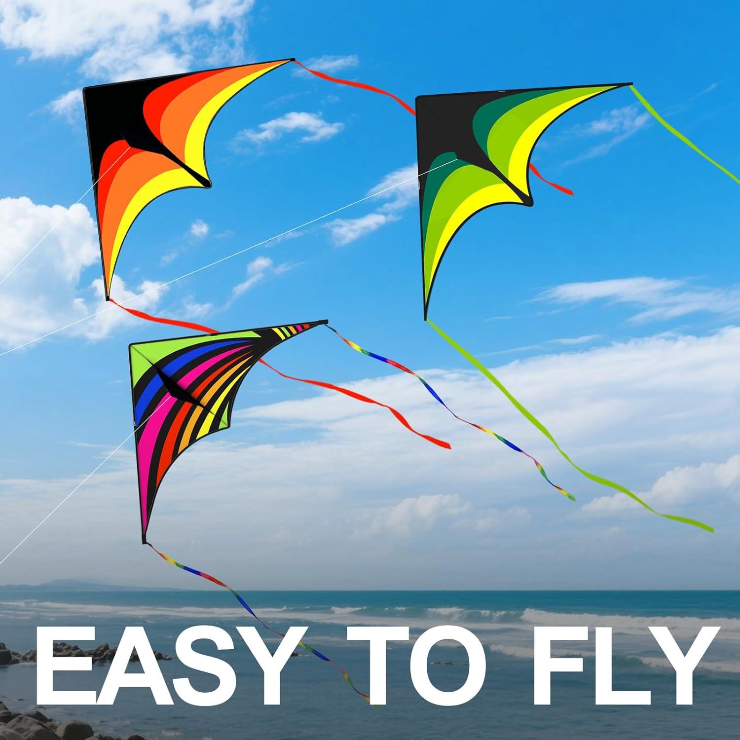 image:image3 Pack Delta Kite Set for Adults and Kids Single Line Beach Kites for Boys amp Girls Three Handle with String IncludedGreen Orange Rainbow