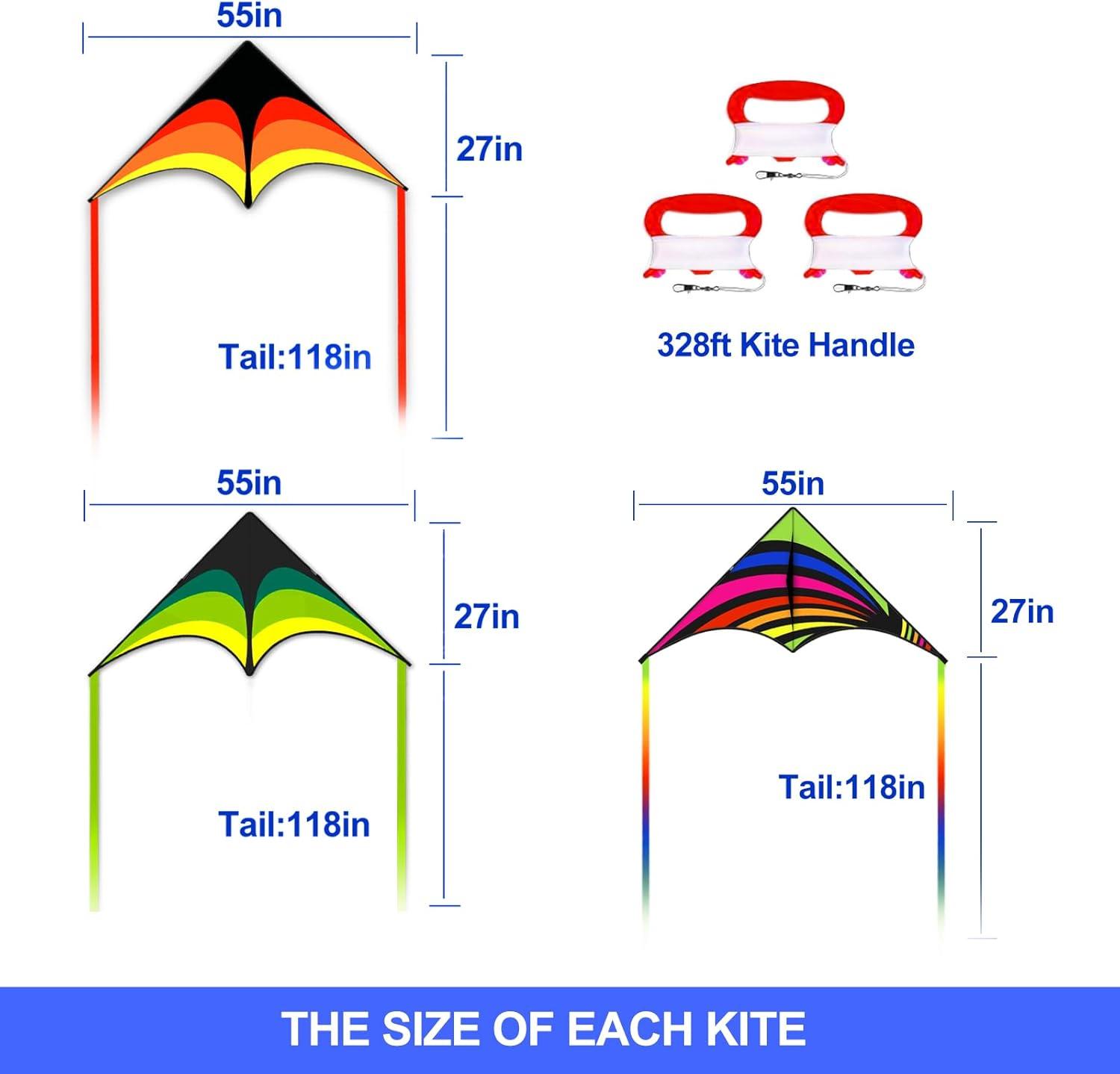 image:image3 Pack Delta Kite Set for Adults and Kids Single Line Beach Kites for Boys amp Girls Three Handle with String IncludedGreen Orange Rainbow
