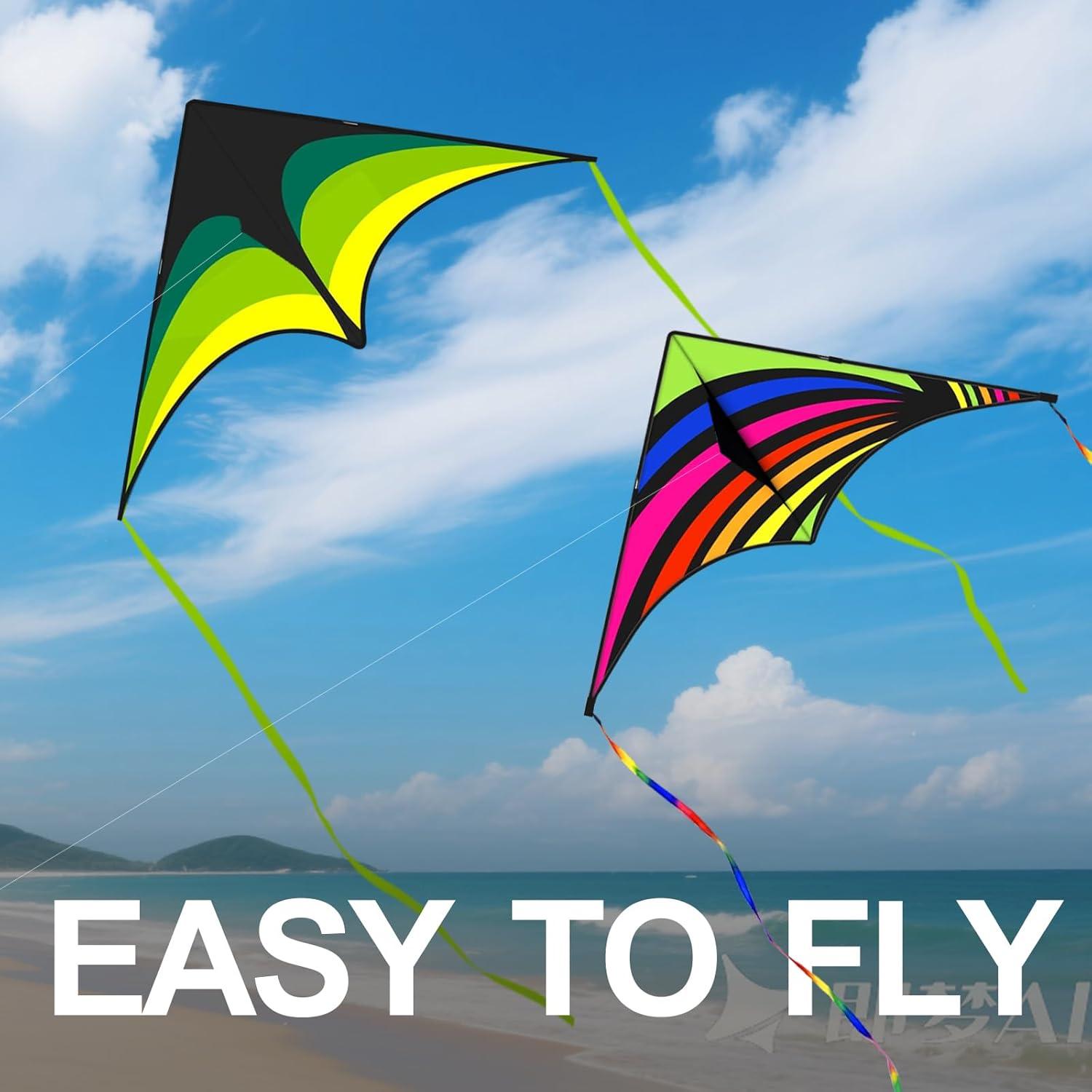 image:image3 Pack Delta Kite Set for Adults and Kids Single Line Beach Kites for Boys amp Girls Three Handle with String IncludedGreen Rainbow