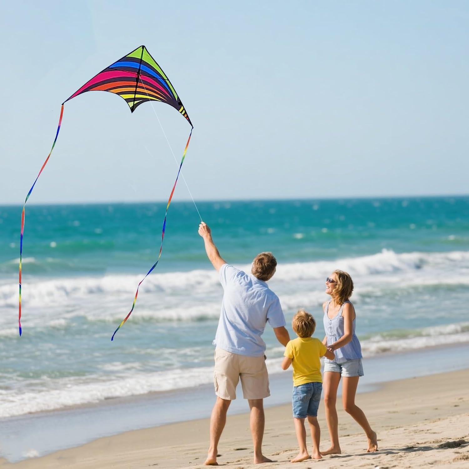 image:image3 Pack Delta Kite Set for Adults and Kids Single Line Beach Kites for Boys amp Girls Three Handle with String IncludedGreen Rainbow