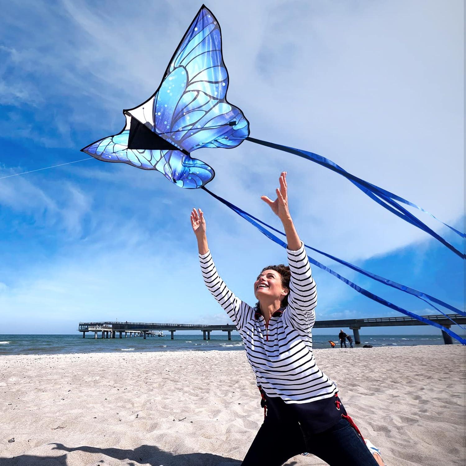 image:imageButterfly Kites for Kids and Adults Easy to Fly Large Single Line Kite for Boys and Girls 55 x 28 Beach Kite for Beginners 300ft String Handle IncludedBlue Butterfly