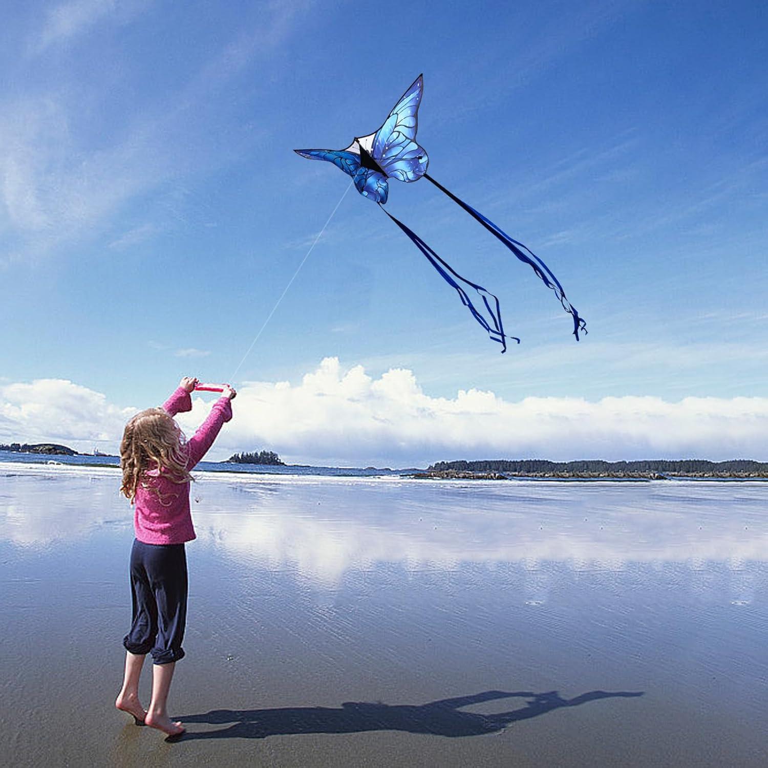 image:imageButterfly Kites for Kids and Adults Easy to Fly Large Single Line Kite for Boys and Girls 55 x 28 Beach Kite for Beginners 300ft String Handle IncludedRainbow Blue Butterfly