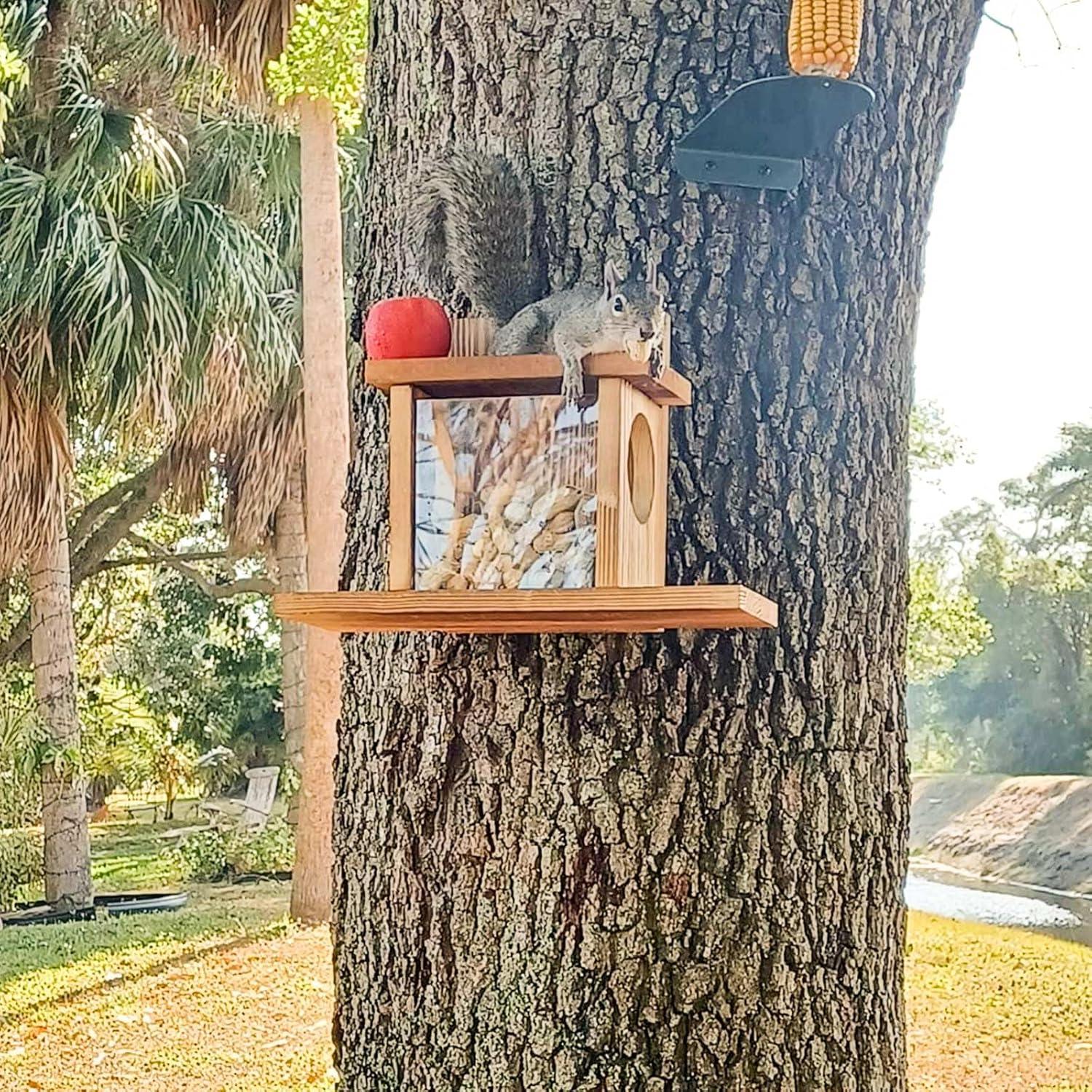 image:imageCarbonized Wooden Squirrel Feeder for Outside Wood Squirrel Feeding Table Sturdy Squirrel Feeding House with Thickness 15CM Wood Top Lid Opens for Easy Filling of Peanuts and Corn
