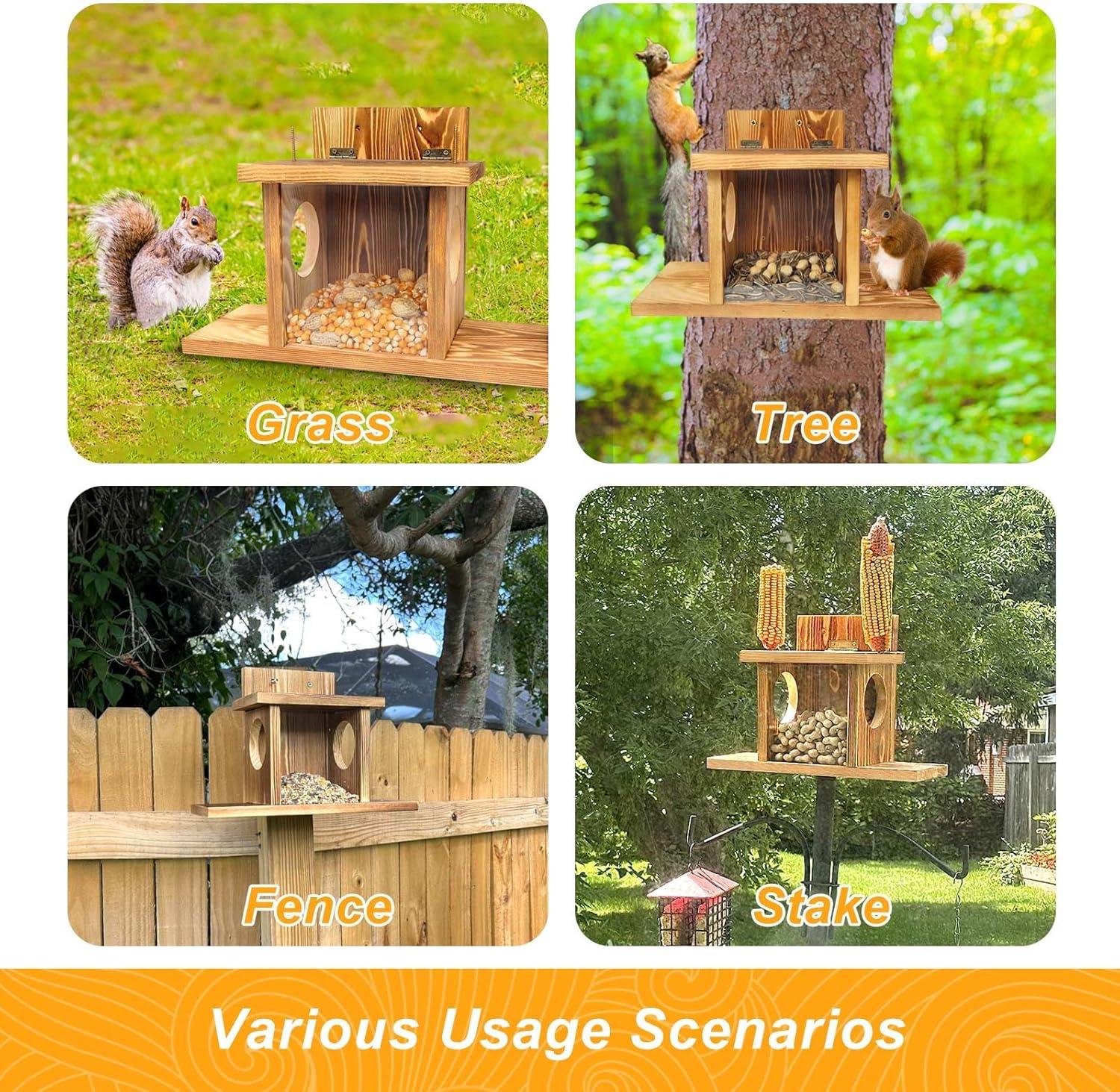 image:imageCarbonized Wooden Squirrel Feeder for Outside Wood Squirrel Feeding Table Sturdy Squirrel Feeding House with Thickness 15CM Wood Top Lid Opens for Easy Filling of Peanuts and Corn