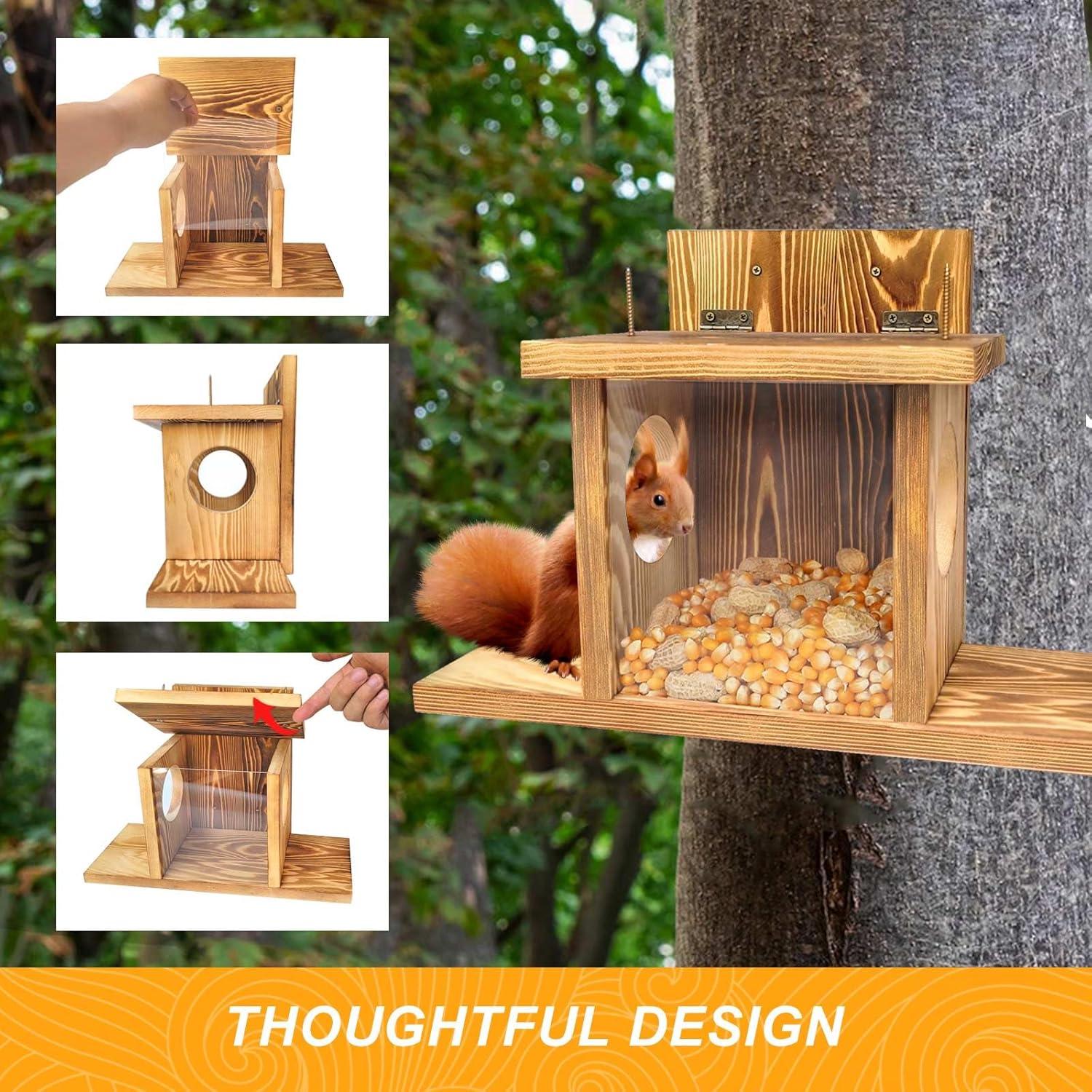 image:imageCarbonized Wooden Squirrel Feeder for Outside Wood Squirrel Feeding Table Sturdy Squirrel Feeding House with Thickness 15CM Wood Top Lid Opens for Easy Filling of Peanuts and Corn