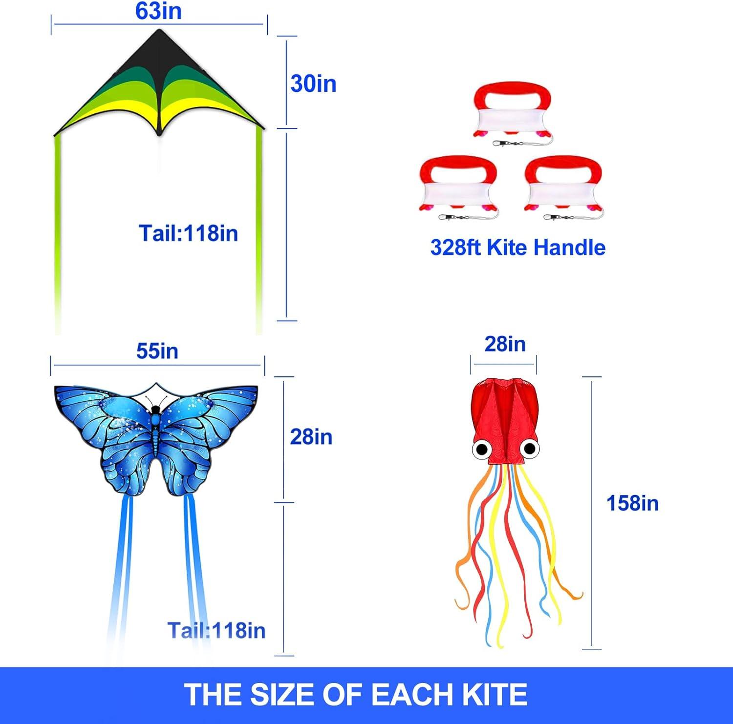 image:imageKites for Kids amp Adults Kites Set for Beginners and Teens Easy to Fly for Beach Perfect for Outdoor Activities 3 PackBlue Butterfly Green Delta and Red Octopus