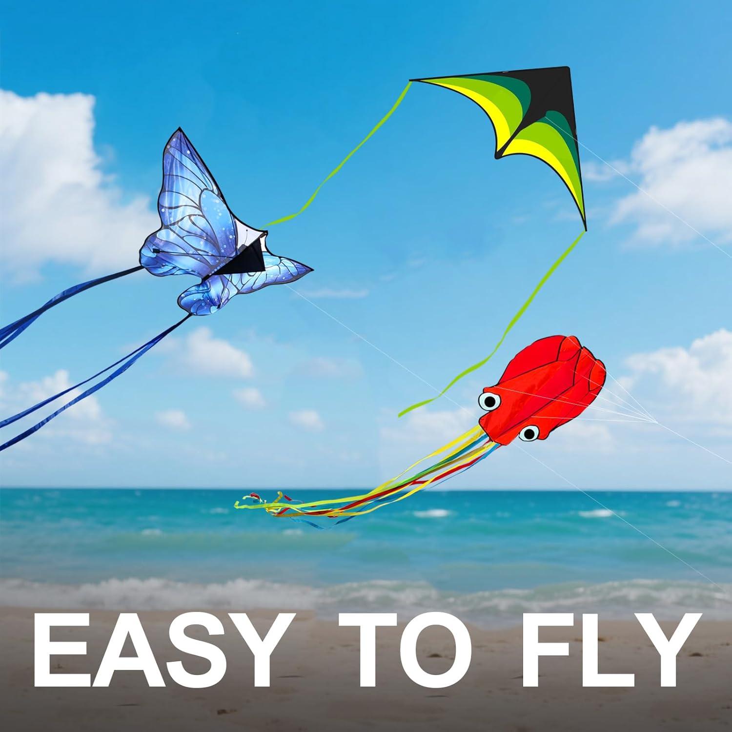 image:imageKites for Kids amp Adults Kites Set for Beginners and Teens Easy to Fly for Beach Perfect for Outdoor Activities 3 PackBlue Butterfly Green Delta and Red Octopus