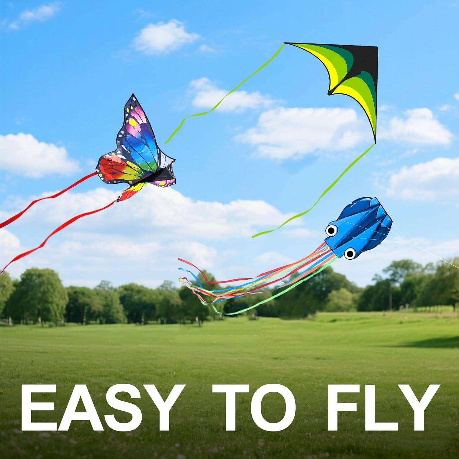 image:imageKites for Kids amp Adults Kites Set for Beginners and Teens Easy to Fly for Beach Perfect for Outdoor Activities 3 PackRainbow Butterfly Green Delta and Blue Octopus