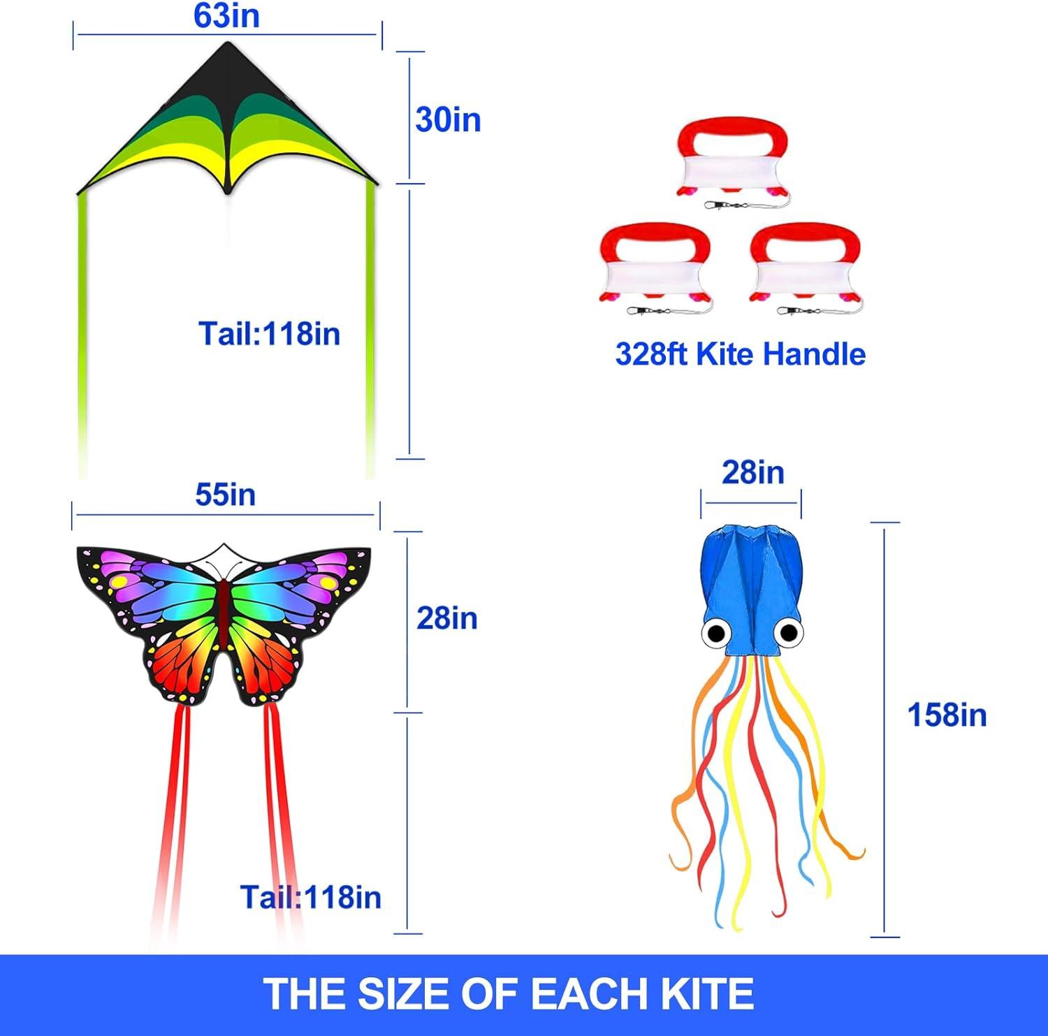 image:imageKites for Kids amp Adults Kites Set for Beginners and Teens Easy to Fly for Beach Perfect for Outdoor Activities 3 PackRainbow Butterfly Green Delta and Blue Octopus