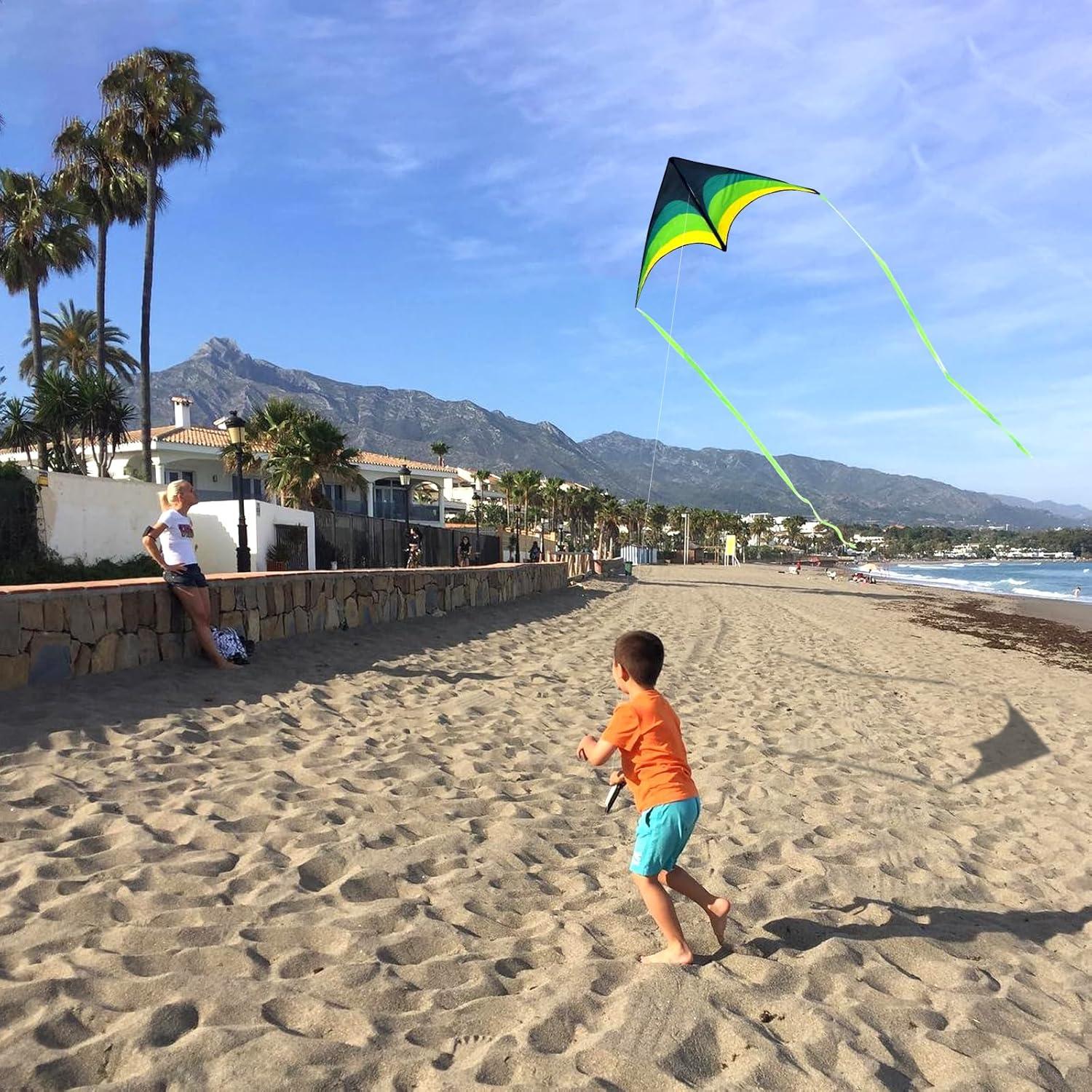 image:imageLarge Delta Kite Easy to Fly with Kite Reel Set Beach Kite amp Kite Spool for Kids amp Adults Single Line Triangle Kite with 71 Inch Kite Wheel KitGreen Yellow Delta with Reels