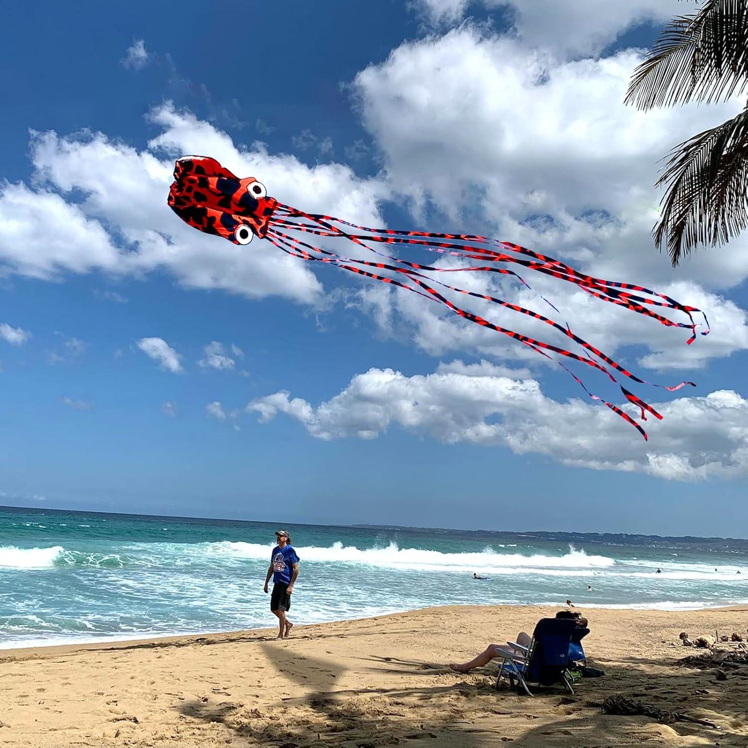 image:imageOctopus Kites for Kids amp Adults Easy to Fly 24x 158 Large Soft Kite Kit for Boys and Girls Single Line 3D Beach Kite Set for TeensPerfect for Outdoor ActivitiesRed Spotty Octopus with Reel