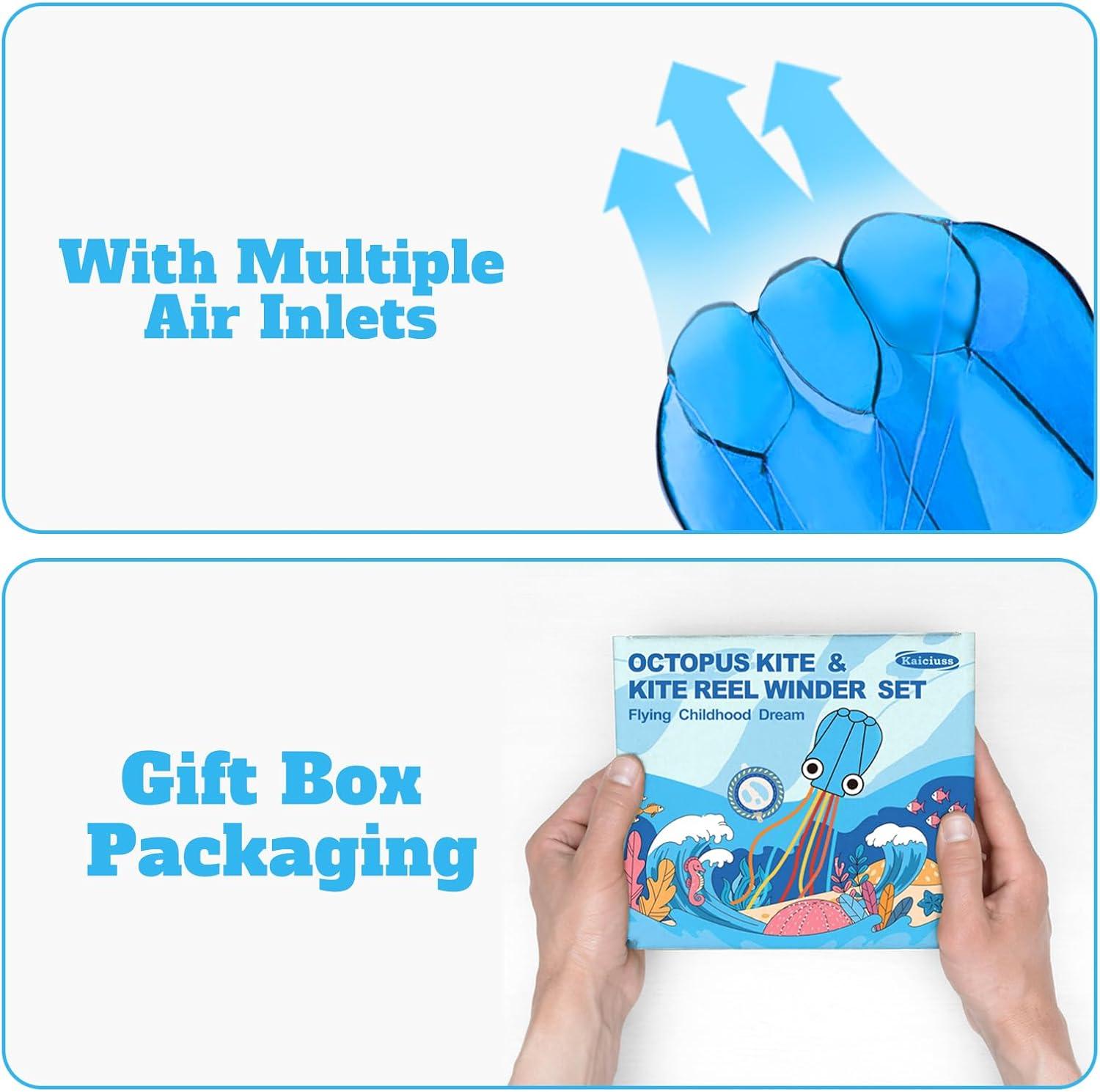 image:imageOctopus Kites for Kids amp Adults Easy to Fly 24x 158 Large Soft Kite Kit for Boys and Girls Single Line 3D Beach Kite Set for TeensPerfect for Outdoor ActivitiesBlue Octopus with Reel
