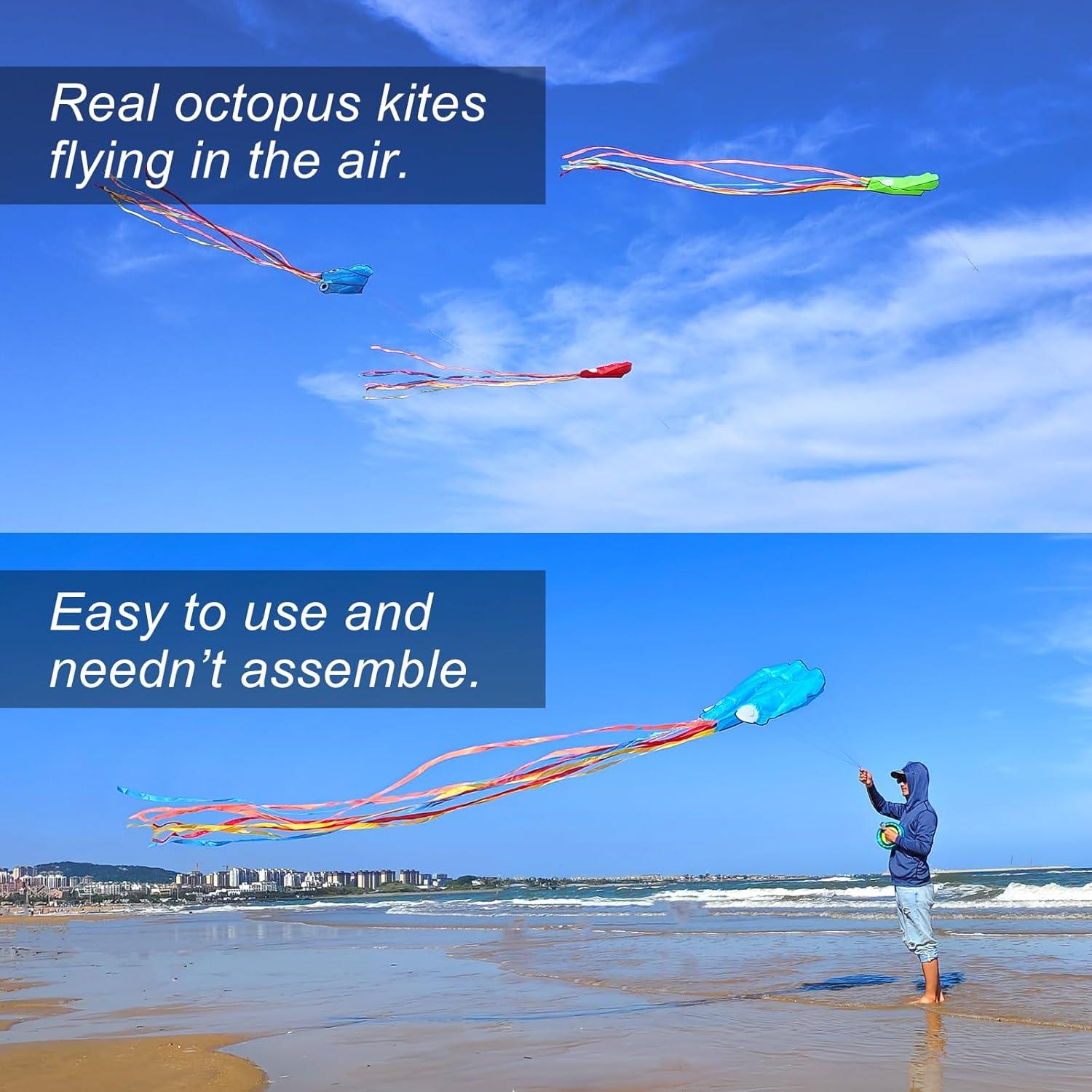 image:imageOctopus Kites for Kids amp Adults Easy to Fly 24x 158 Large Soft Kite Kit for Boys and Girls Single Line 3D Beach Kite Set for TeensPerfect for Outdoor ActivitiesBlue Octopus with Reel