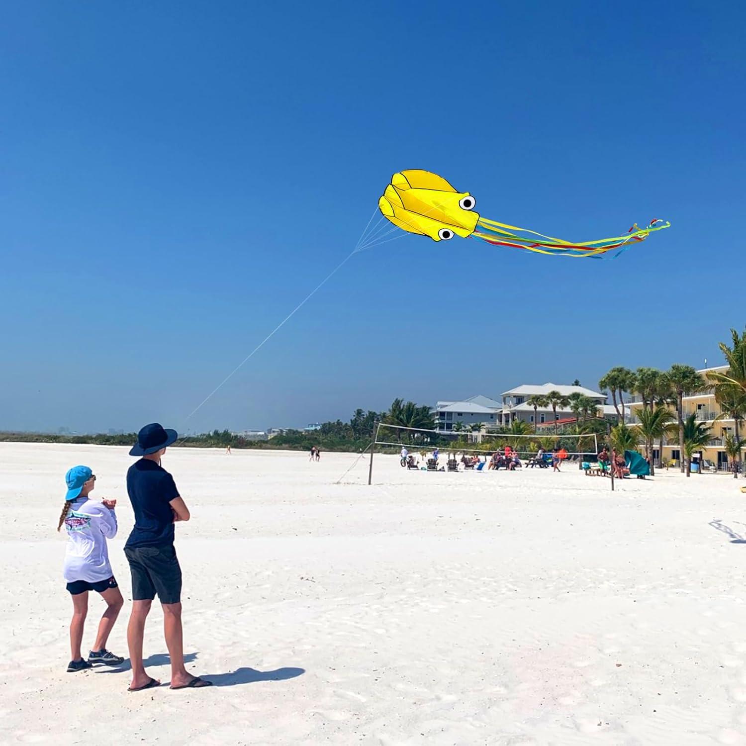 image:imageOctopus Kites for Kids amp Adults Easy to Fly 24x 158 Large Soft Kite Kit for Boys and Girls Single Line 3D Beach Kite Set for TeensPerfect for Outdoor ActivitiesYellow Octopus with Reel