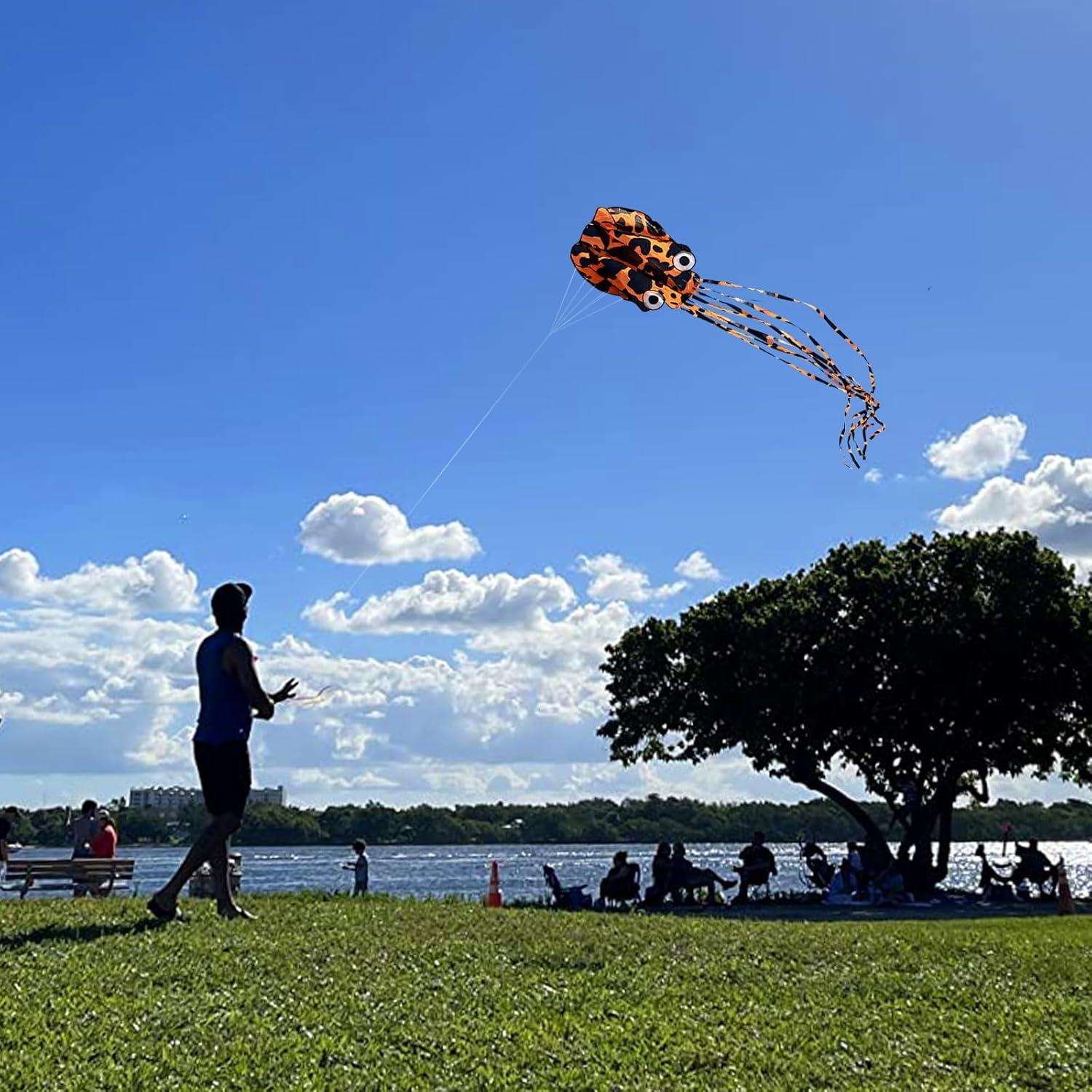 image:imageOctopus Kites for Kids amp Adults Easy to Fly 24x 158 Large Soft Kite Kit for Boys and Girls Single Line 3D Beach Kite Set for TeensPerfect for Outdoor ActivitiesOrange Spotty Octopus with Reel