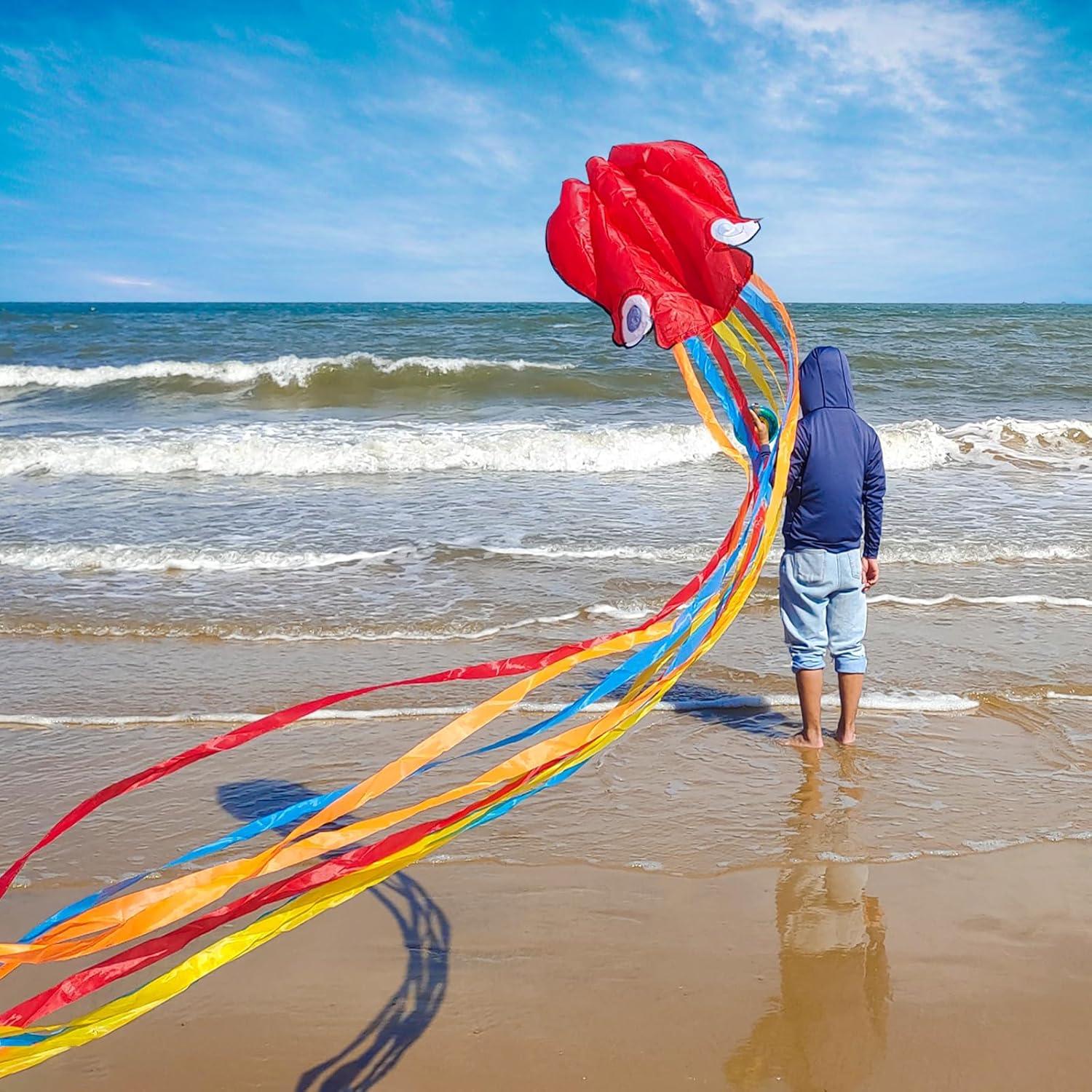 image:imageOctopus Kites for Kids amp Adults Easy to Fly 24x 158 Large Soft Kite Kit for Boys and Girls Single Line 3D Beach Kite Set for TeensPerfect for Outdoor ActivitiesRed Octopus with Reel