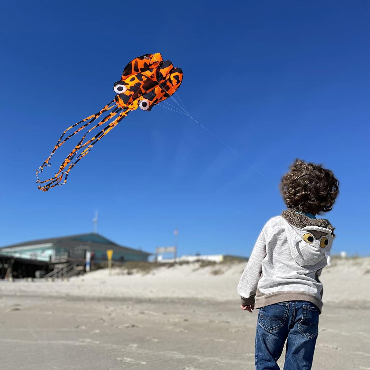 image:imageOctopus Kites for Kids amp Adults Easy to Fly 24x 158 Large Soft Kite Kit for Boys and Girls Single Line 3D Beach Kite Set for TeensPerfect for Outdoor ActivitiesOrange Spotty Octopus with Reel