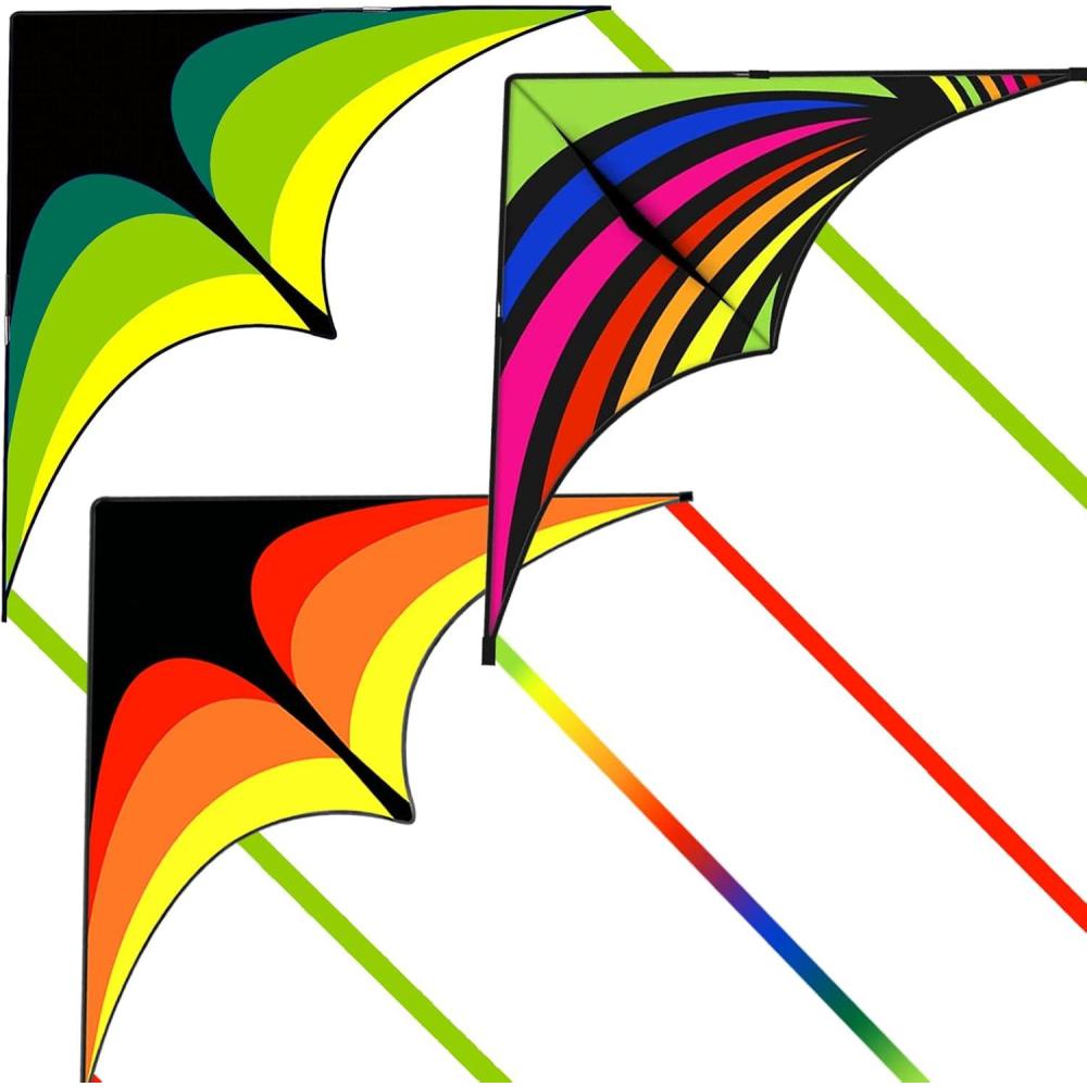 image:image3 Pack Delta Kite Set for Adults and Kids Single Line Beach Kites for Boys amp Girls Three Handle with String IncludedGreen Orange Rainbow