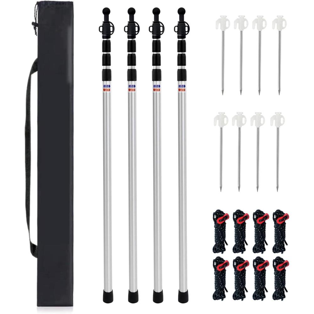 image:image9842 Aluminum Camping Tarp Poles AdjustableTelescoping amp Portable Tent Poles Replacement 4 Pack it Comes with 8 Metal Stake 8 Guy Line Cord with Guyline Adjuster amp 1 Storage Bag