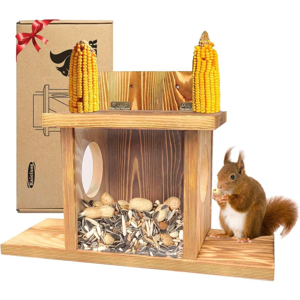 image:imageCarbonized Wooden Squirrel Feeder for Outside Wood Squirrel Feeding Table Sturdy Squirrel Feeding House with Thickness 15CM Wood Top Lid Opens for Easy Filling of Peanuts and Corn