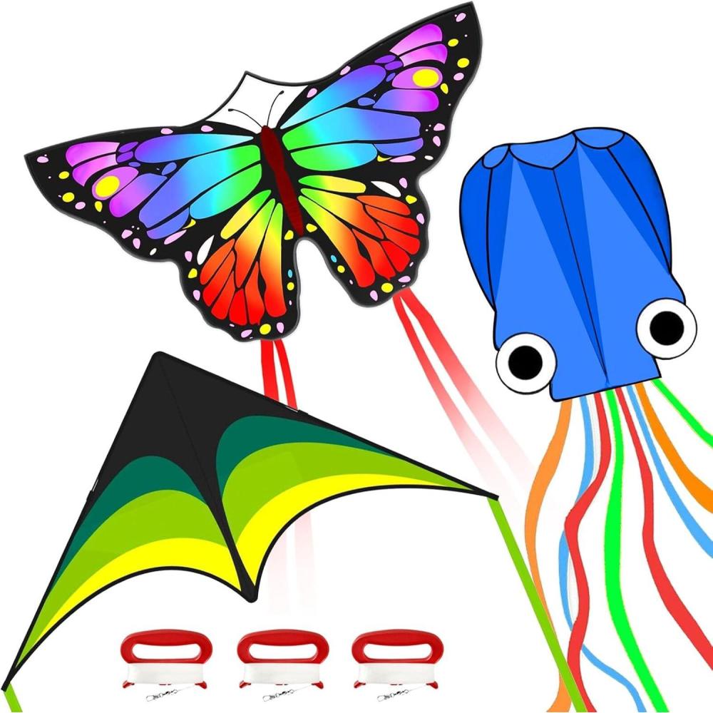 image:imageKites for Kids amp Adults Kites Set for Beginners and Teens Easy to Fly for Beach Perfect for Outdoor Activities 3 PackRainbow Butterfly Green Delta and Blue Octopus