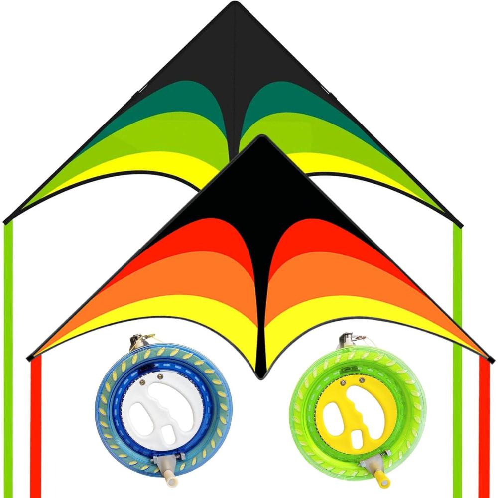 image:imageLarge Delta Kite Easy to Fly with Kite Reel Set Beach Kite amp Kite Spool for Kids amp Adults Single Line Triangle Kite with 71 Inch Kite Wheel KitGreen Yellow Delta with Reels