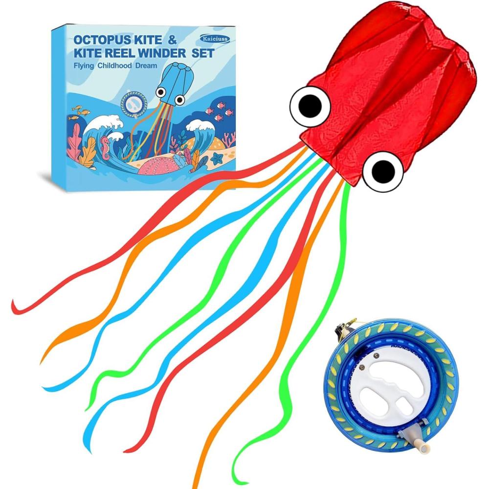 image:imageOctopus Kites for Kids amp Adults Easy to Fly 24x 158 Large Soft Kite Kit for Boys and Girls Single Line 3D Beach Kite Set for TeensPerfect for Outdoor ActivitiesRed Octopus with Reel