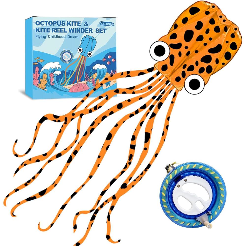 image:imageOctopus Kites for Kids amp Adults Easy to Fly 24x 158 Large Soft Kite Kit for Boys and Girls Single Line 3D Beach Kite Set for TeensPerfect for Outdoor ActivitiesOrange Spotty Octopus with Reel