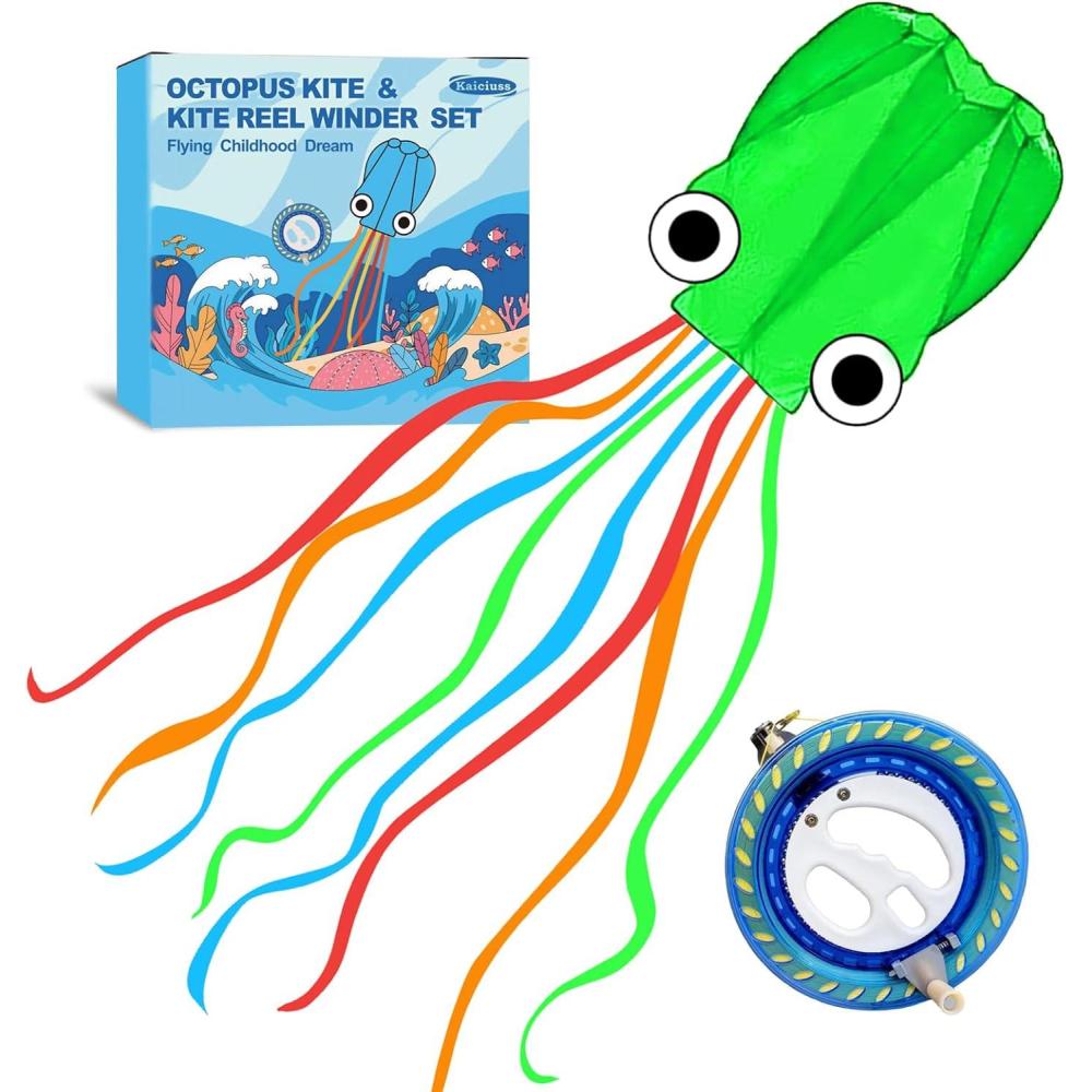 image:imageOctopus Kites for Kids amp Adults Easy to Fly 24x 158 Large Soft Kite Kit for Boys and Girls Single Line 3D Beach Kite Set for TeensPerfect for Outdoor ActivitiesGreen Octopus with Reel