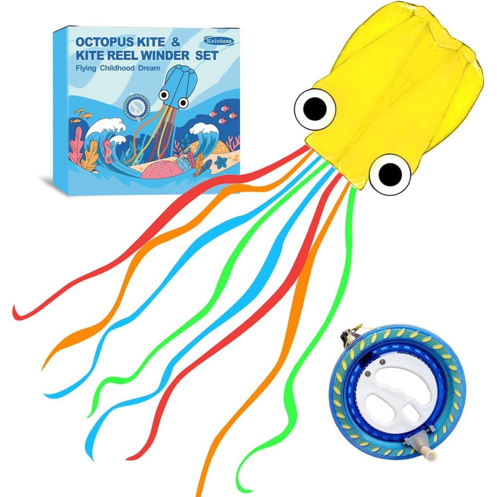 image:imageOctopus Kites for Kids amp Adults Easy to Fly 24x 158 Large Soft Kite Kit for Boys and Girls Single Line 3D Beach Kite Set for TeensPerfect for Outdoor ActivitiesYellow Octopus with Reel