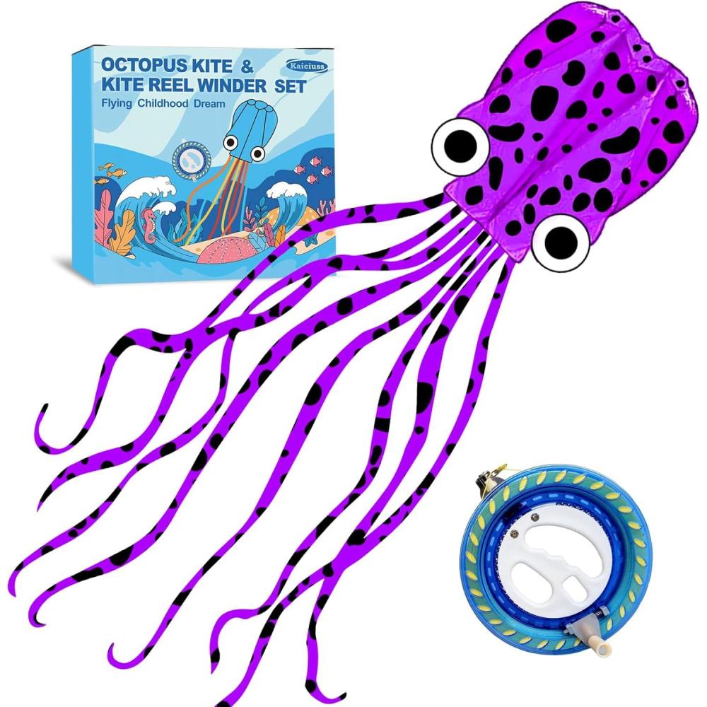 image:imageOctopus Kites for Kids amp Adults Easy to Fly 24x 158 Large Soft Kite Kit for Boys and Girls Single Line 3D Beach Kite Set for TeensPerfect for Outdoor ActivitiesPurple Spotty Octopus with Reel