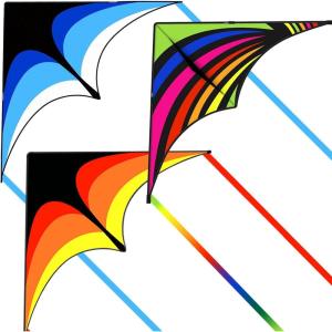 3 Pack Delta Kite Set for Adults and Kids, Single Line Beach Kites for Boys & Girls, Three Handle with String Included(Blue & Rainbow & Orange)