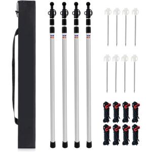 90.55” Aluminum Camping Tarp Poles Adjustable,Telescoping & Portable Tent Poles Replacement (4 Pack), it Comes with 8 Metal Stake, 8 Guy Line Cord with Guyline Adjuster & 1 Storage Bag