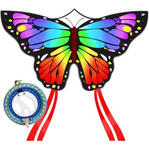 Butterfly Kites for Kids and Adults, Easy to Fly Large Single Line Kite for Boys and Girls – 55″ x 28″ Beach Kite for Beginners, 300ft String Handle Included(Rainbow Butterfly with Reel)