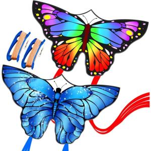 Butterfly Kites for Kids and Adults, Easy to Fly Large Single Line Kite for Boys and Girls – 55″ x 28″ Beach Kite for Beginners, 300ft String Handle Included(Rainbow & Blue Butterfly)