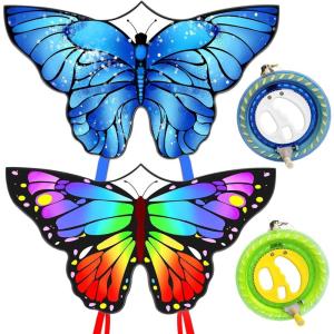 Butterfly Kites for Kids and Adults, Easy to Fly Large Single Line Kite for Boys and Girls – 55″ x 28″ Beach Kite for Beginners, 300ft String Handle Included(Rainbow & Blue Butterfly with Reels)