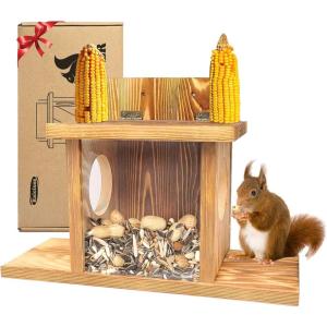 Carbonized Wooden Squirrel Feeder for Outside, Wood Squirrel Feeding Table, Sturdy Squirrel Feeding House with Thickness 1.5CM Wood, Top Lid Opens for Easy Filling of Peanuts and Corn