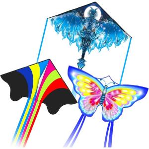 Kites for Kids & Adults, Beach Kites Set for Beginners, Easy to Fly Large Kite Pack for Boys and Girls, Kite String Included, Perfect for Outdoor Activities(Dragon Delta and Butterfly)