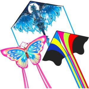 Kites for Kids & Adults, Beach Kites Set for Beginners, Easy to Fly Large Kite Pack for Boys and Girls, Kite String Included, Perfect for Outdoor Activities(Dragon  Delta and Butterfly)