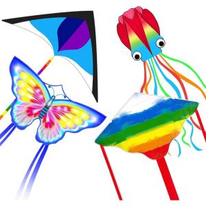 Kites for Kids & Adults, Beach Kites Set for Beginners, Easy to Fly Large Kite Pack for Boys and Girls, Kite String Included, Perfect for Outdoor Activities(Octopus Delta Rainbow and Butterfly)