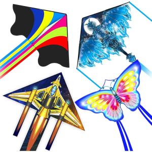 Kites for Kids & Adults, Beach Kites Set for Beginners, Easy to Fly Large Kite Pack for Boys and Girls, Kite String Included, Perfect for Outdoor Activities(Dragon Delta Airplane and Butterfly)