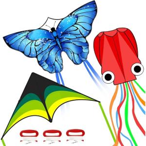 Kites for Kids & Adults, Kites Set for Beginners and Teens, Easy to Fly for Beach, Perfect for Outdoor Activities (3 Pack-Blue Butterfly, Green Delta, and Red Octopus)
